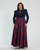 Navy Long Sleeve High Neck Brocade Gown